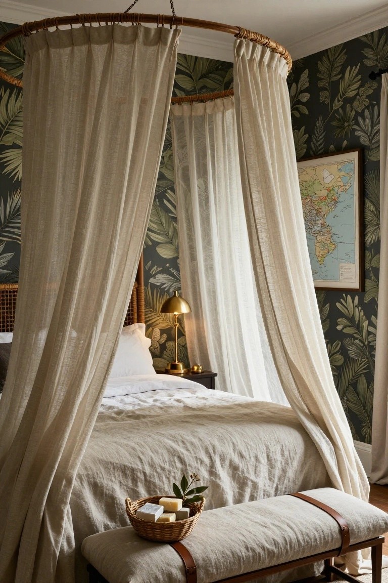Bedroom interior with a bed under sheer white canopy curtains draped from a circular bamboo hoop hanging from the ceiling, dark green palm leaf wallpaper on walls, gold bedside lamp, nightstand, and linen-upholstered bench at bed foot.
