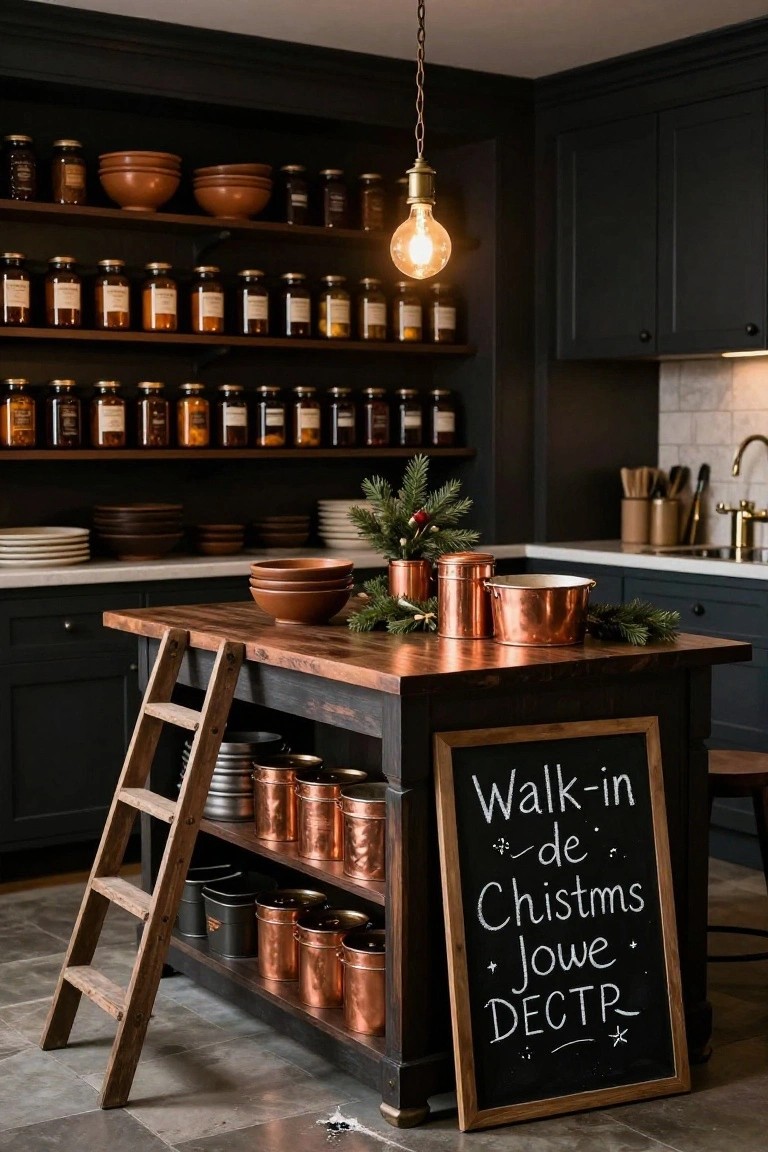 Dark kitchen with black cabinets and shelves of glass jars, a wood island holding stacked copper pots on a ladder shelf, fir branches, berry accents, and a chalkboard sign reading "Walk-in de- de- Christmas Jowe DECTRPR".