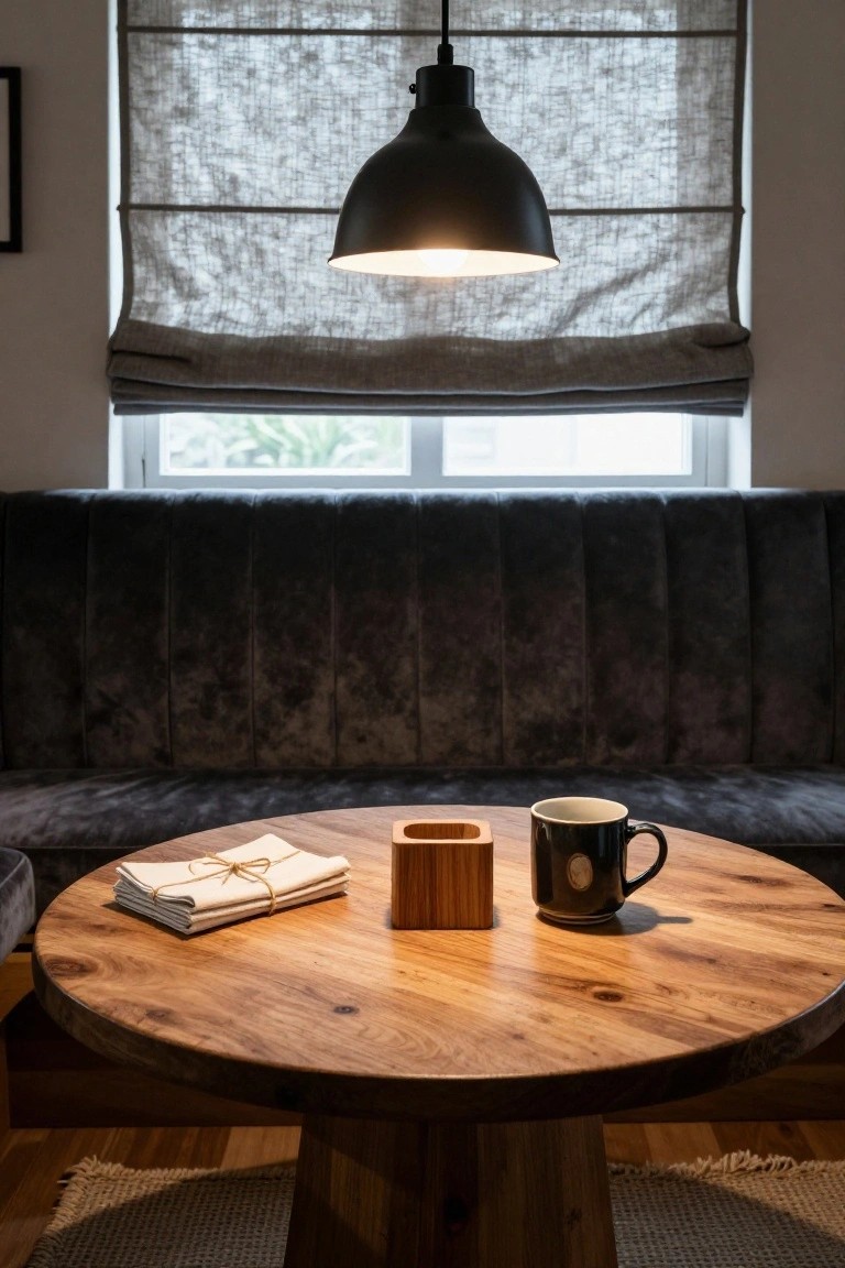Round wooden pedestal table holding tied linen napkins, wooden box, and black ceramic mug next to tufted gray velvet bench seating under black pendant lamp by window with linen roman shades.