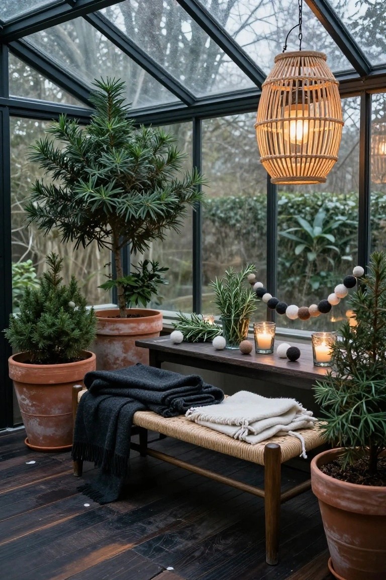 Glass conservatory interior with black wooden floor, potted evergreen trees in terracotta pots, wooden bench draped in dark gray and white blankets, low table holding candles white felt balls and rosemary sprigs, rattan pendant lamp hanging above.