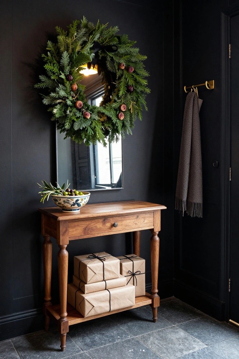 Black-painted entryway corner with wooden console table holding blue and white bowl of olives with branches and stacked brown paper wrapped gifts tied with string, round mirror above topped by evergreen wreath with persimmon ornaments, gray scarf on brass hook beside black door.