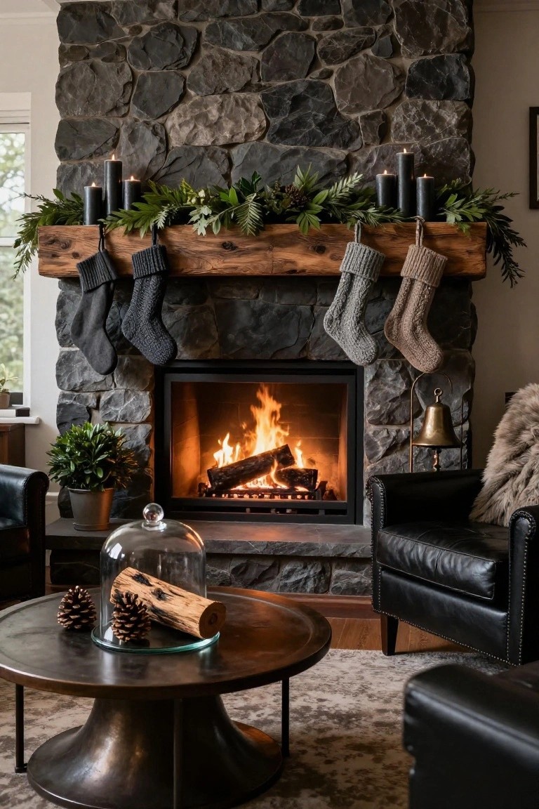 Dark stone fireplace with burning logs, rustic wood mantel holding black pillar candles, evergreen garland, and three neutral knit stockings, flanked by leather armchairs and a metal coffee table with pinecones under a glass dome.