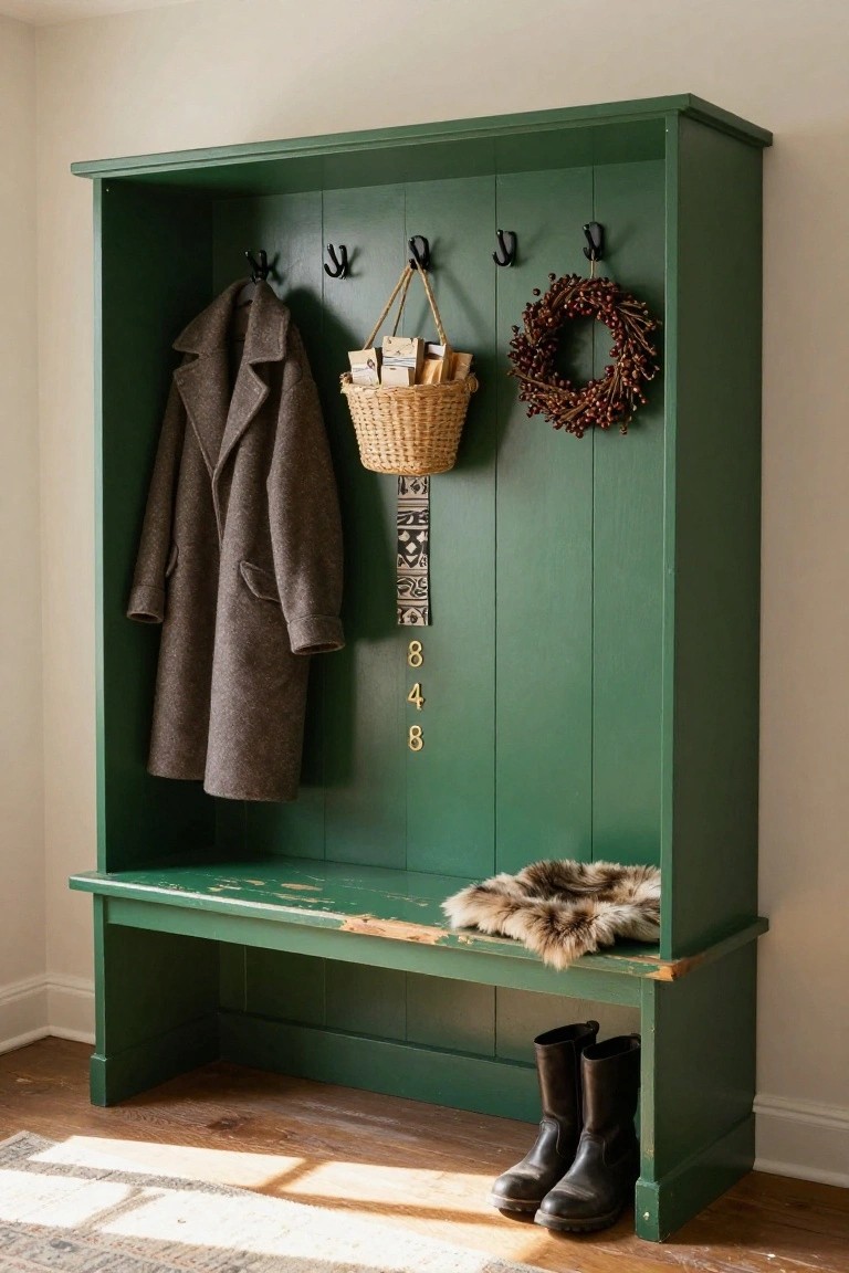 Tall green wooden cabinet with coat hooks holding a gray coat and basket, a wreath on one side, brass numbers 84, bench seat with fur throw, and black boots on the floor in a home entry area.