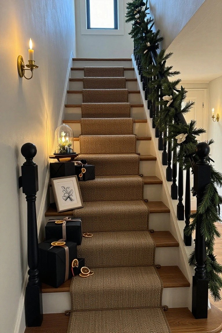 Wooden staircase with beige carpet runner, black-painted railings wrapped in evergreen garland with white flowers, black gift boxes with gold ribbons and dried orange slices placed on stairs and newel posts, lit candles in brass sconces and glass cloche.