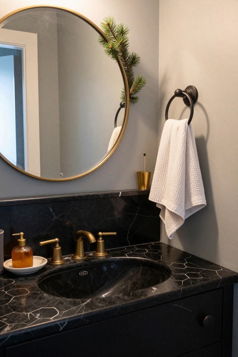 Round gold-framed mirror with attached green fir sprig above black marble bathroom vanity featuring oval sink, brass faucet and handles, amber soap dispenser, white towels on black ring, and gold cup with brush.