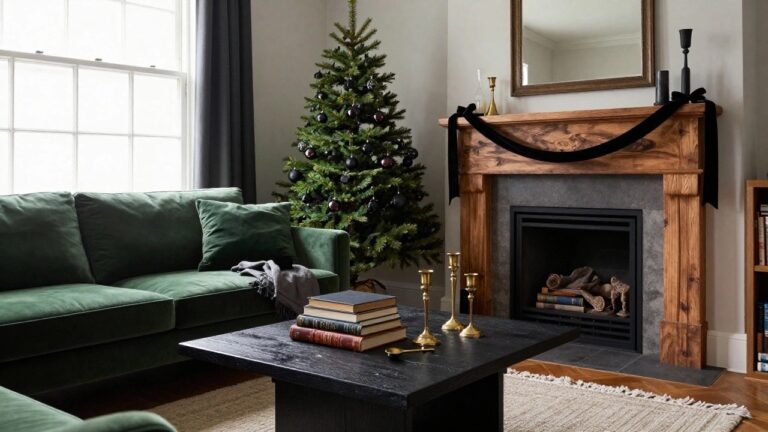 Living room with emerald green velvet sofa, black wood coffee table holding brass candlesticks and stacked books, Christmas tree decorated with black and clear ornaments, wooden fireplace mantel with black ribbon garland and greenery, and side lamp.