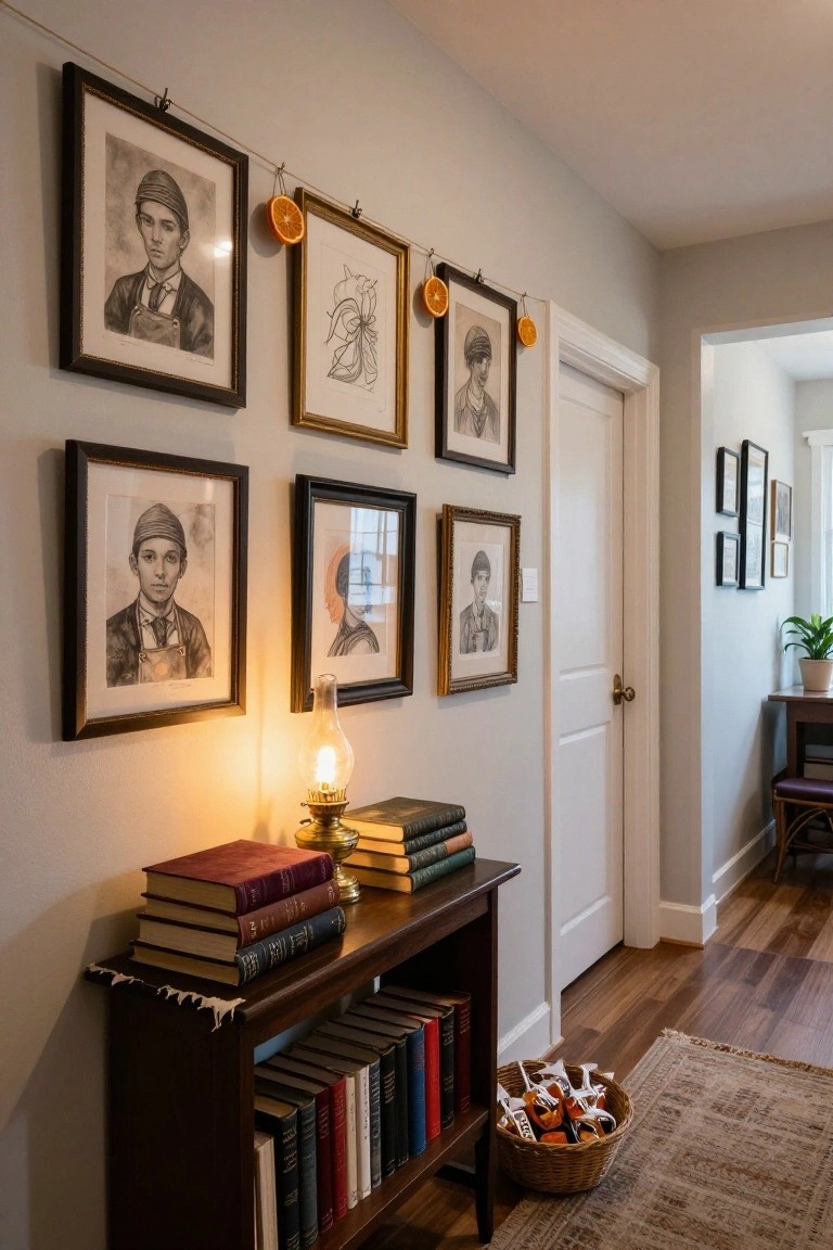 Narrow indoor hallway with light gray walls displaying a gallery of black-and-white portrait drawings and abstract art in frames, accented by strings of small oranges hanging between them, a wooden bookshelf stacked with books and lit by a brass lamp next to a white door, a woven basket of wrapped orange treats on a patterned rug, and a potted plant in the background.