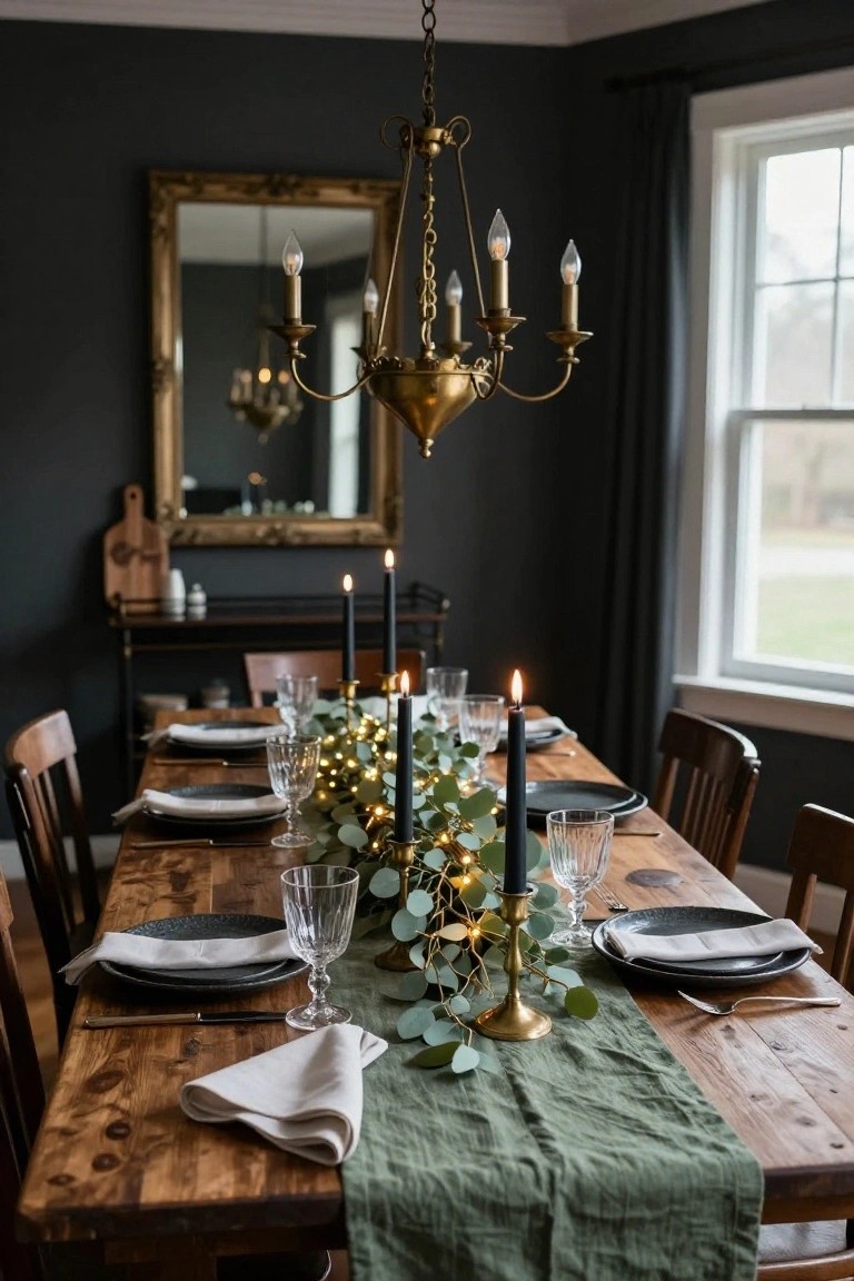 Dining room table decorated with eucalyptus garland, fairy lights, black taper candles in gold holders, set black plates, white napkins, wine glasses, and a green linen runner on dark wood surface under brass chandelier with dark gray walls and window.