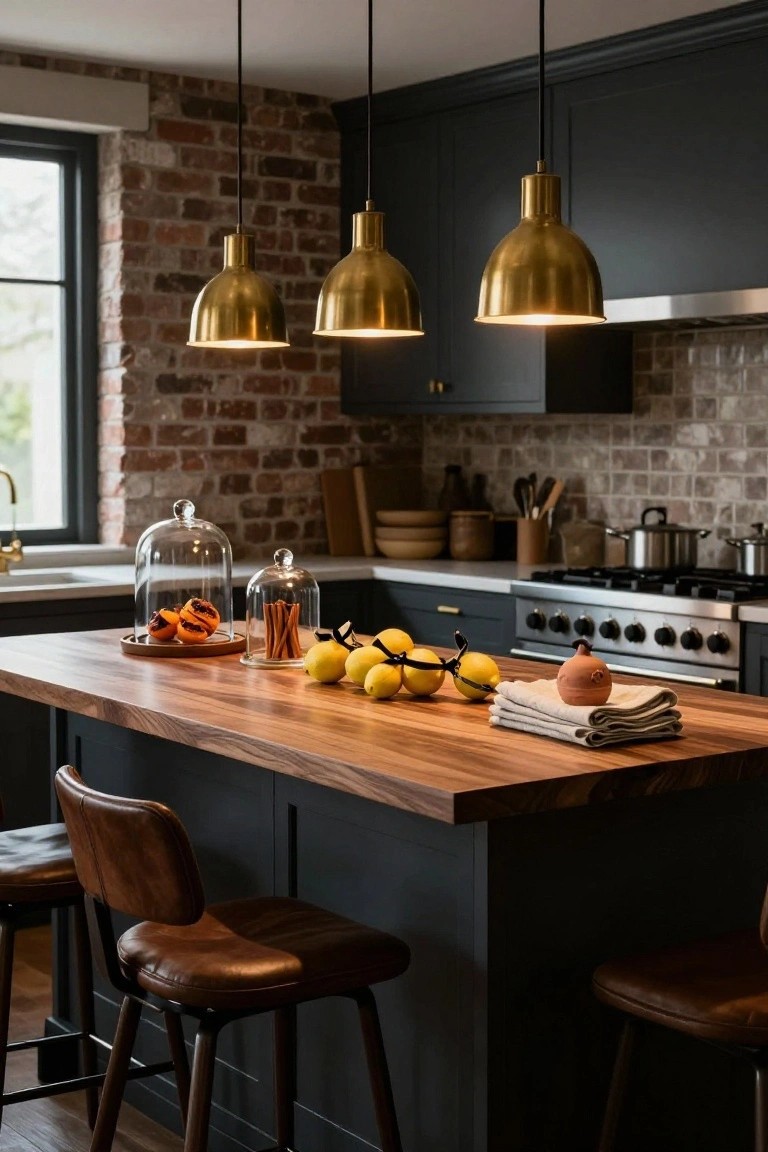 Modern kitchen with brass pendant lights, wooden island, fruit, and stylish decor.