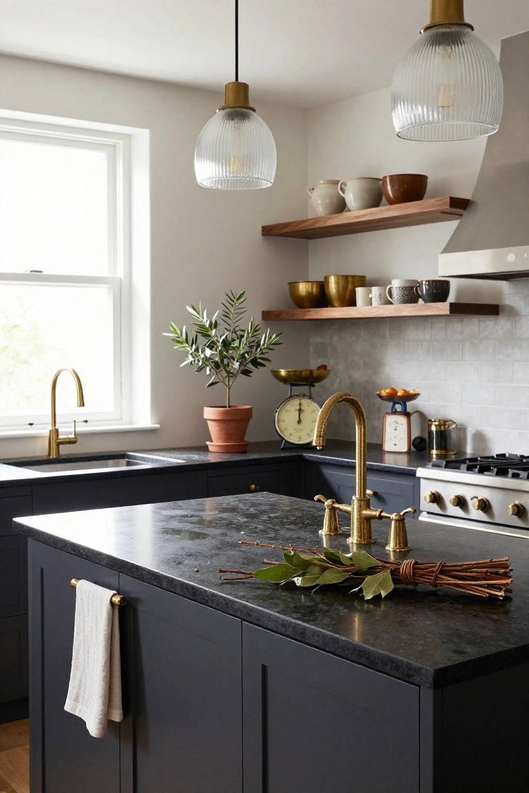 Kitchen with navy cabinets, black stone island countertop holding bundled bay leaves and twigs next to a brass towel bar with white linen towel, brass faucets over sink, open walnut shelves with brass pots and ceramics, olive tree in terracotta pot by window.
