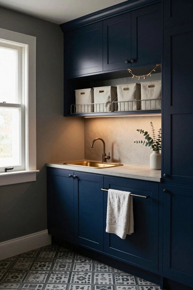 A laundry room with navy blue upper and lower cabinets, open shelves holding white fabric baskets, a gold sink faucet and undermount sink on a light counter, gold garland draped along the upper cabinets, eucalyptus in a vase, a white towel on a cabinet pull, and black and white patterned floor tiles.