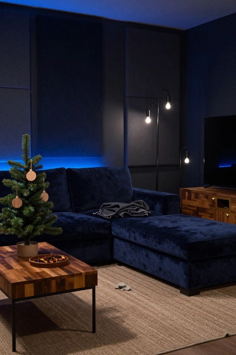 Dark blue living room featuring a small Christmas tree with wooden ornaments next to a blue velvet L-shaped sofa, wooden coffee table with potpourri dish, TV cabinet, floor lamps, and blue LED strip lighting under shelves.