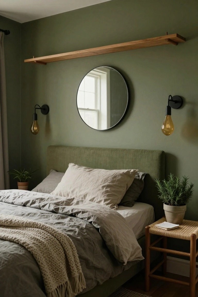 Bedroom interior featuring sage green walls, a long wooden floating shelf, large round mirror flanked by black wall sconces with Edison bulb lights, green upholstered headboard, beige linen bedding with knit throw, potted plants, and a small rattan stool.
