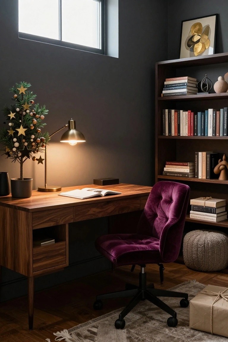 Moody home office with dark gray walls, wooden desk holding an open book, purple velvet tufted chair, small decorated Christmas tree with gold stars and berries next to brass desk lamp, bookshelves filled with books and decor, ottoman, wrapped gift, and beige rug on wood floor.