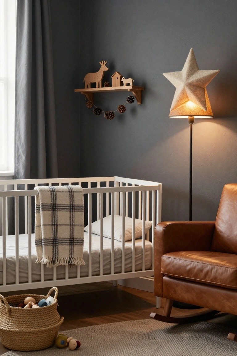 Nursery room with white crib draped in plaid blanket, tan leather rocking chair, wicker basket of colorful toys on wood floor, wooden shelf on dark gray wall holding deer figure, small house, sheep, pinecones and garland, plus tall fabric star lamp lit up.
