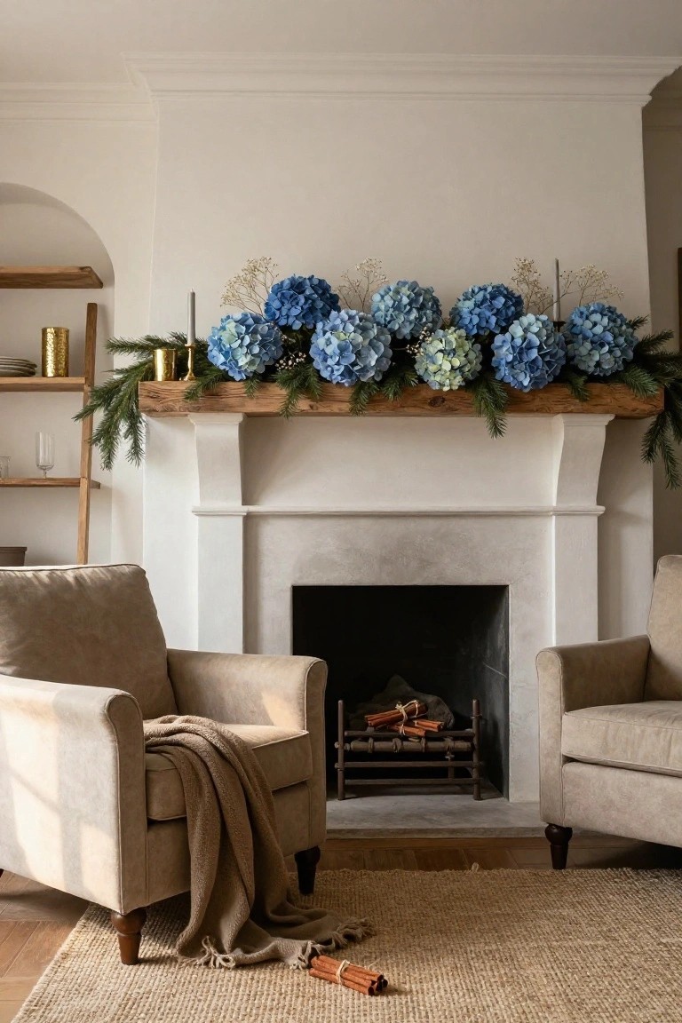 A rustic wooden mantel over a white stone fireplace decorated with multiple clusters of blue hydrangeas, pine branches, baby's breath, white candles, gold vessels, and cinnamon sticks in the hearth, flanked by two beige armchairs on a seagrass rug in a light-filled room.