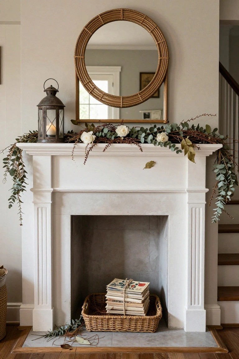 White fireplace mantel with draped eucalyptus garlands, white roses, dried branches, a metal lantern with candle, and a woven basket of stacked books on the hearth, with a round rattan mirror mounted above.