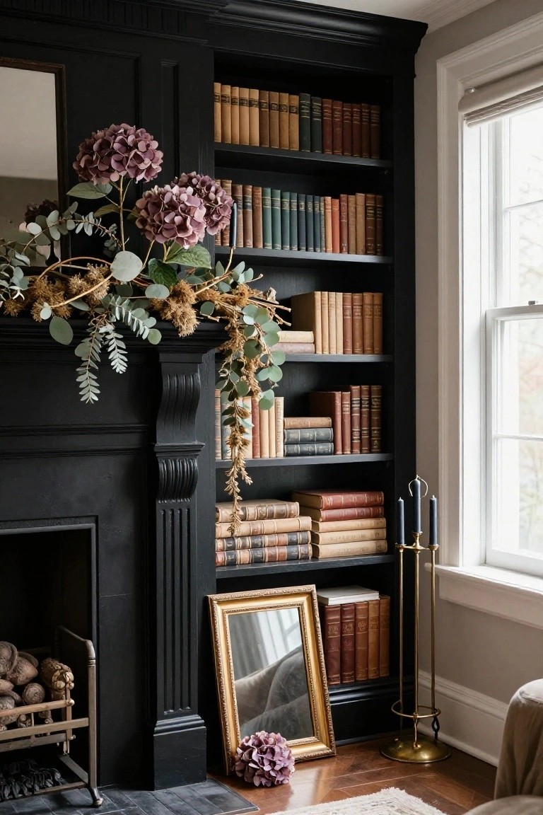 Black built-in bookshelves frame a dark fireplace with a mantle draped in dried purple hydrangeas, eucalyptus branches, and dried grasses, alongside stacks of antique books and brass candelabras.