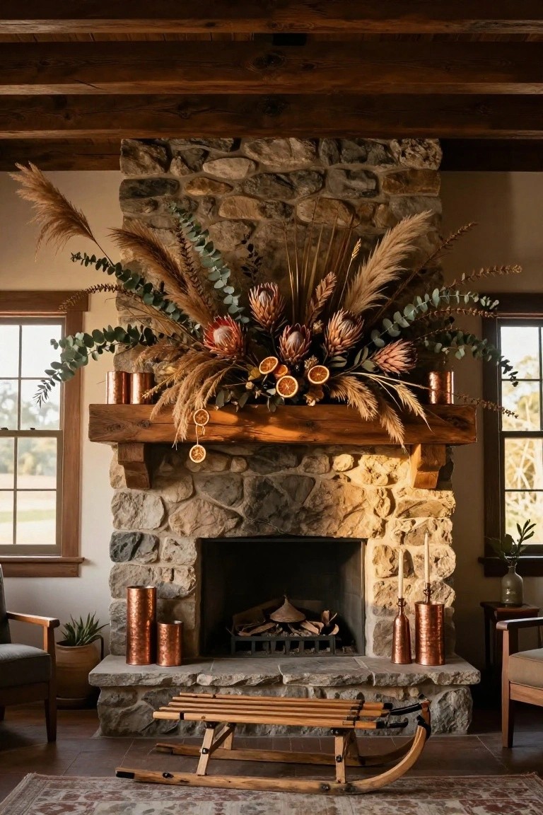 Stone fireplace with wooden mantel decorated with tall dried pampas grass, protea flowers, eucalyptus leaves, dried oranges, and copper lanterns on either side, fire burning inside, wooden sleigh on floor in front, armchairs nearby.