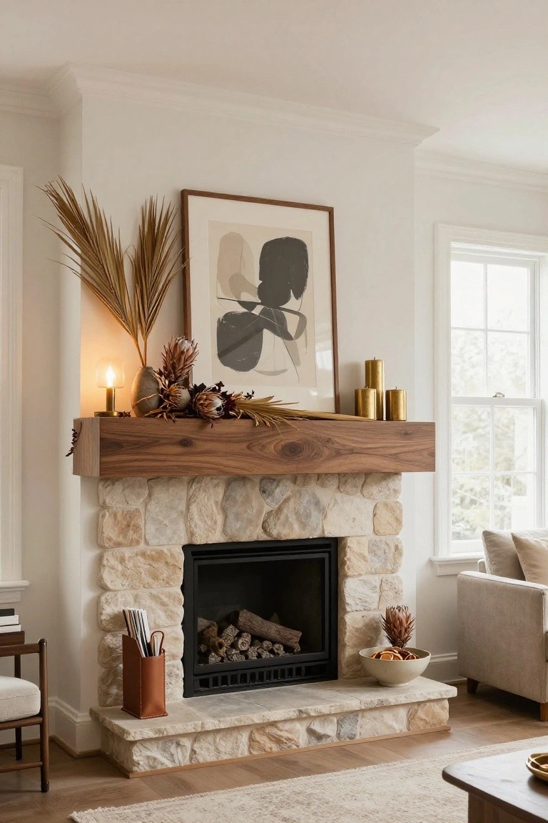 Stone fireplace with walnut wood mantel decorated with dried pampas grass, protea flowers, gold candles, and garlands in a white living room with beige sofa and side tables.