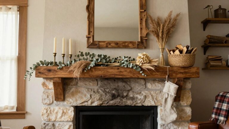 Stone fireplace with rustic wood mantel decorated by tall dried wheat bundles flanking a wood-framed mirror, eucalyptus garland, beige candles in gold holders, dried hydrangea, and a white Christmas stocking hanging from the beam, fire burning inside and firewood in seagrass baskets on the hearth.