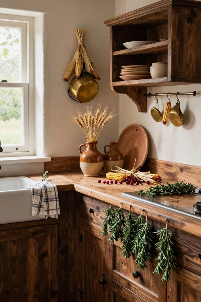 Rustic kitchen corner with wooden cabinets and countertop, white farmhouse sink draped with a checkered cloth, hanging brass pots and corn on a rack, wheat sheaves and terracotta pots on shelves, harvest elements on the counter, and bundles of rosemary hanging from the cabinet undersides.