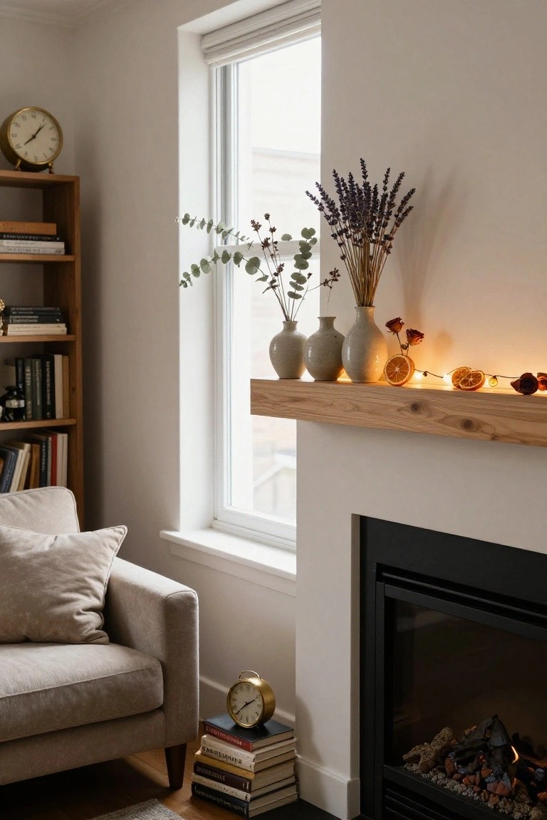 Wooden mantel shelf above a lit gas fireplace decorated with gray and white vases holding dried lavender, eucalyptus, and roses, plus fairy lights with dried orange slices and roses, in a light-colored living room with bookshelves, armchair, and clock.