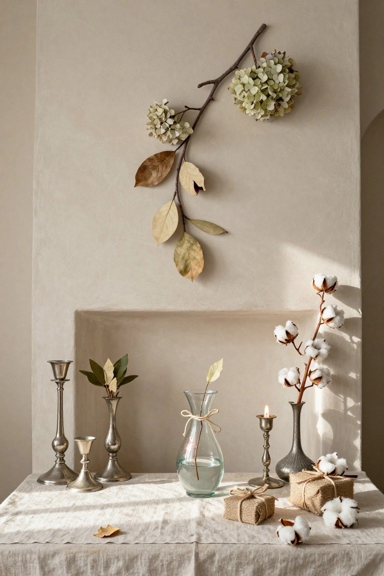 A light beige room with a fireplace niche featuring a wall-mounted branch holding dried white hydrangeas and leaves, flanked by cotton boll stems, silver candlesticks with candles, a vase with branches, and a linen-draped table below displaying wrapped gifts and more cotton bolls.