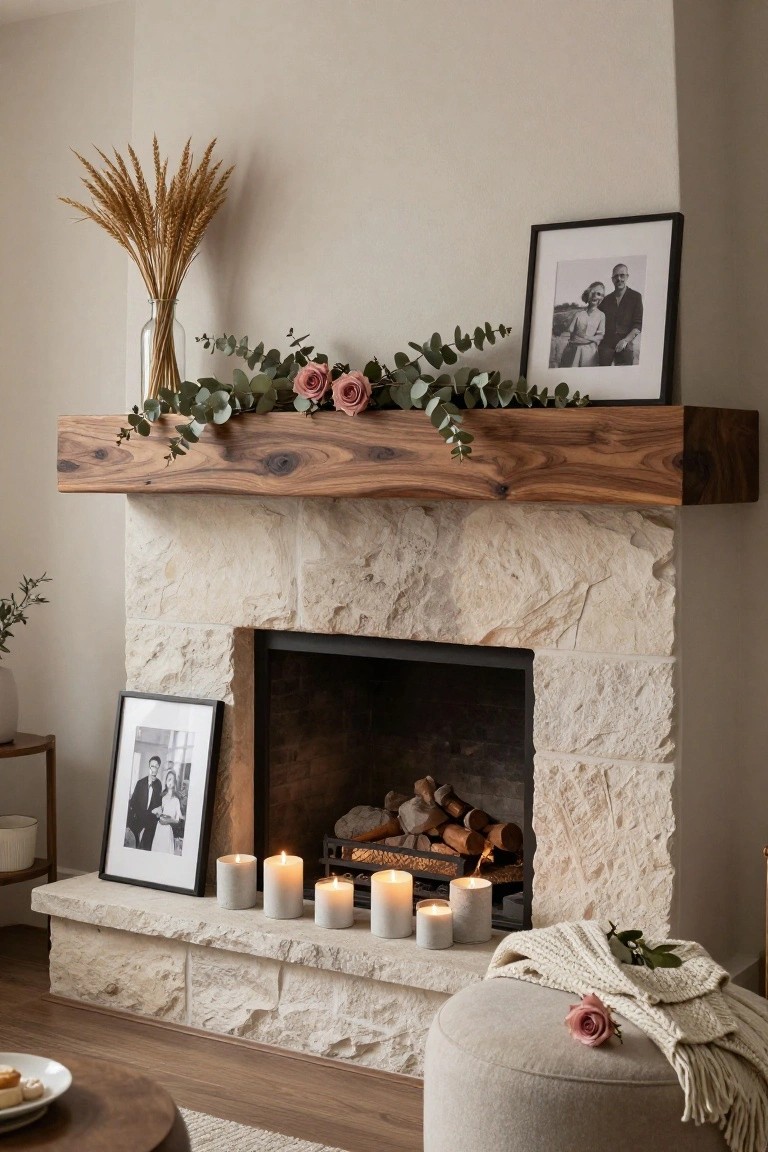Stone fireplace with wooden mantel decorated by eucalyptus garland with pink roses, tall wheat stalks in a vase, white candles on the hearth, framed black-and-white photos, and a knitted throw on a beige ottoman nearby.