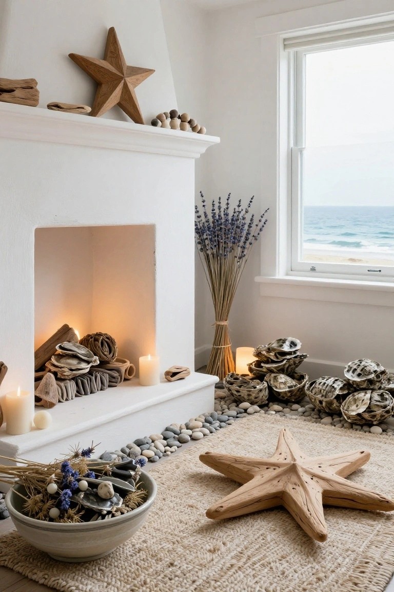 White fireplace mantel with stacked driftwood, oyster shells, rolled fabrics, candles, and nearby bundles of dried lavender and reeds on a seagrass rug with ocean view through window.