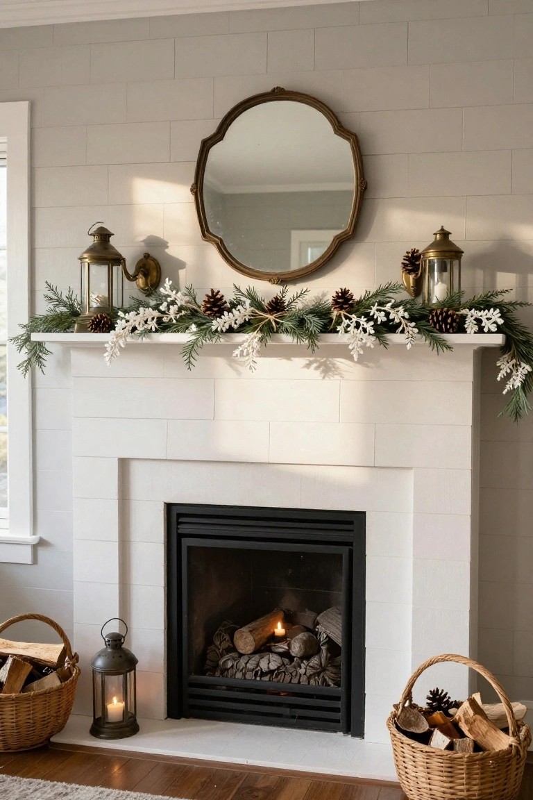 White brick fireplace with gas logs burning, topped by a mantel garland of green pine branches, white berries, and pinecones, flanked by a gold mirror and brass sconces, with wicker firewood baskets and lanterns on the hearth.