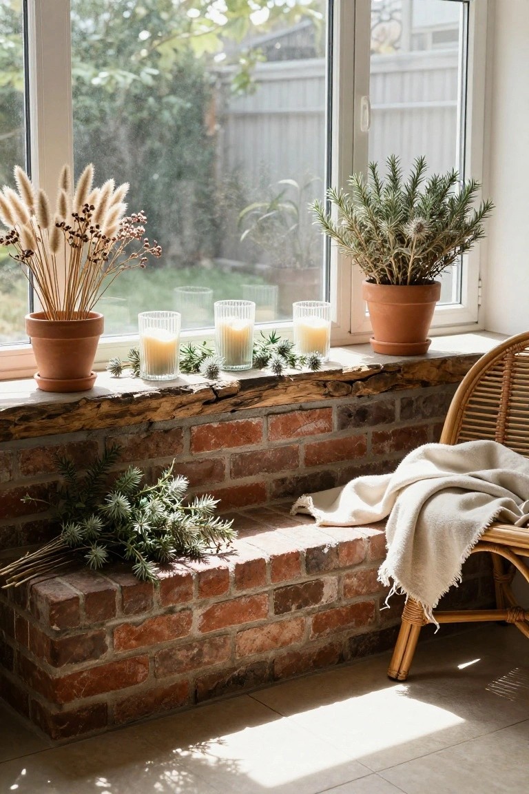 Rustic brick windowsill holding terracotta pots with dried pampas grass and thistles, glass jars with pillar candles, rosemary sprigs, and nearby rattan chair draped with a white throw in a sunlit room.