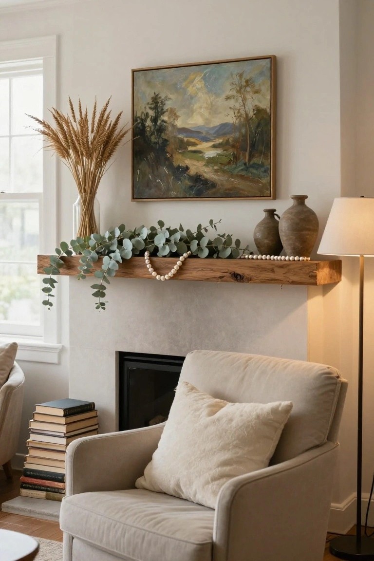 Wood beam mantel over a white fireplace decorated with green eucalyptus garland, white pearl strand, tall wheat bundles in a glass vase, two terracotta pots, and a lamp, with a landscape painting above and a cream armchair with books nearby in a light room.