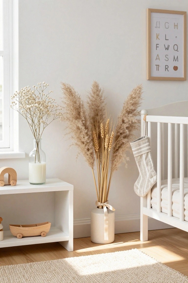 White wooden crib with a striped Christmas stocking in a light-colored nursery, tall bundles of dried pampas grass and wheat stalks in a white pot nearby, baby's breath flowers in a glass vase on a white side table with wooden toys, and a framed alphabet poster on the wall.