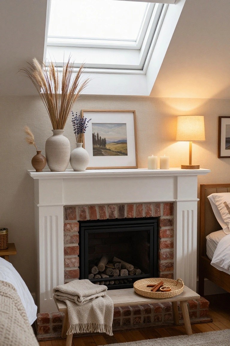 A bedroom fireplace mantel with tall dried pampas grass in a large beige vase, smaller pottery vases with pampas and lavender, two white candles, a framed landscape painting above, and a wooden bench in front holding a woven basket with cinnamon sticks and dried orange slices.