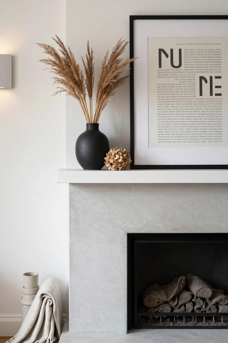 Minimalist concrete mantel above a fireplace with stacked logs, black vase holding tall dried pampas grass, gold hydrangea ball, large black-framed artwork with text, wall-mounted lights, and folded linen throw on the side in a white room.