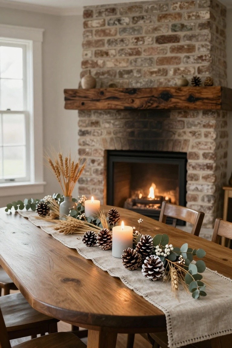 Brick fireplace with wooden beam mantel holding small gourds, pumpkins, and pinecones, next to an oval wooden dining table with linen runner decorated with wheat sheaves, pinecones, eucalyptus branches, white berries, and white pillar candles.