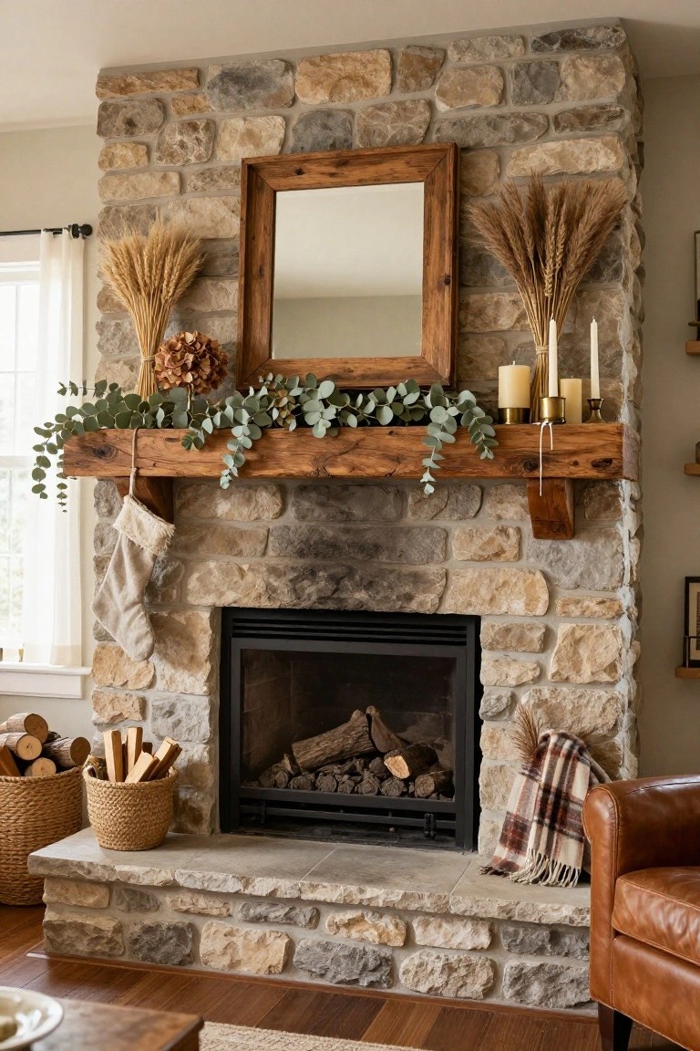 Stone fireplace with rustic wood mantel decorated by tall dried wheat bundles flanking a wood-framed mirror, eucalyptus garland, beige candles in gold holders, dried hydrangea, and a white Christmas stocking hanging from the beam, fire burning inside and firewood in seagrass baskets on the hearth.