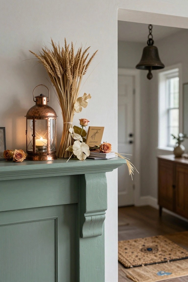 Teal fireplace mantel holding a copper lantern with candle, tall wheat bundles, dried roses and leaves, small books, and a framed photo, with an open doorway and wooden cabinet in the background.