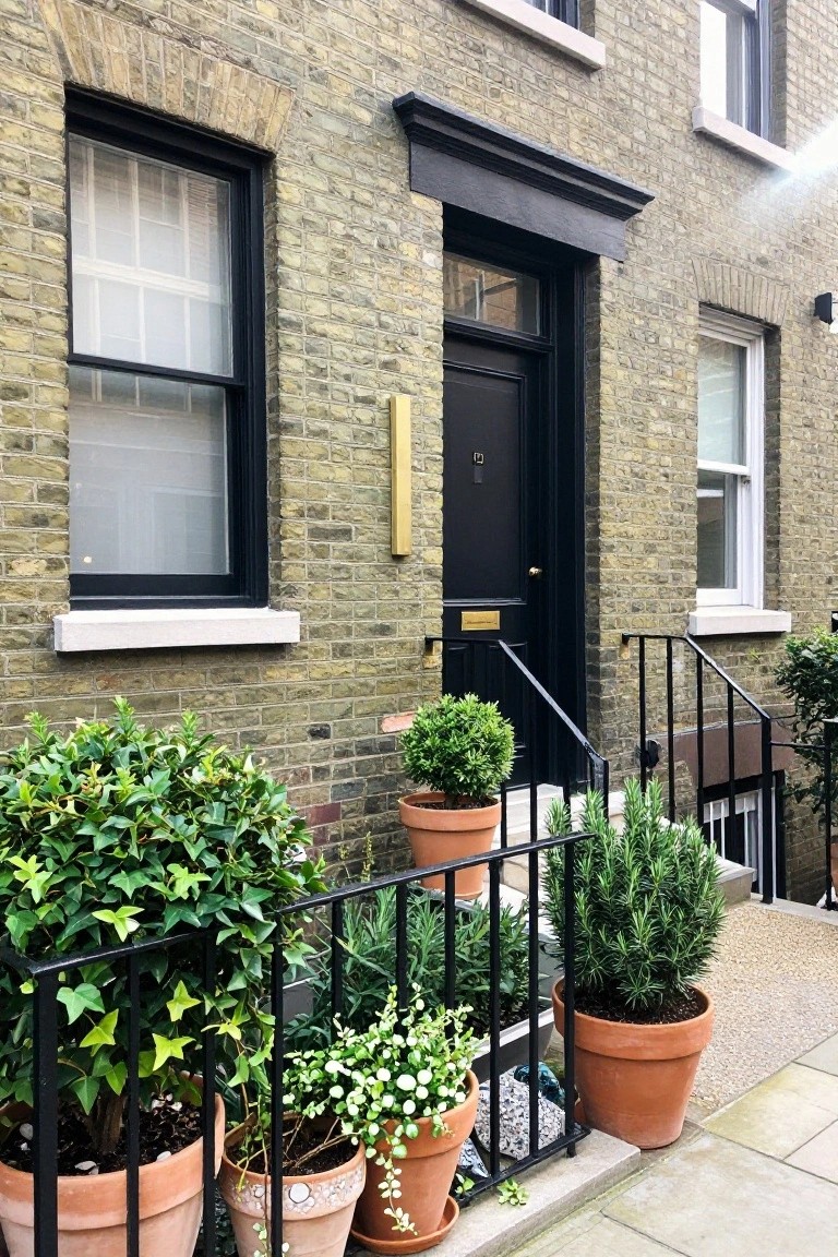 Yellowish-olive brick terraced house exterior with black front door, black window frames, black iron railings on steps, and terracotta pots planted with greenery.