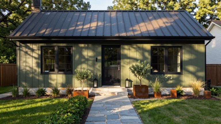Small olive green board-and-batten shed-style house with black standing-seam metal roof, black front door and window frames, flanked by potted olive trees and ornamental grasses, stone steps leading to entry with lanterns, gravel path edged by boxwoods.