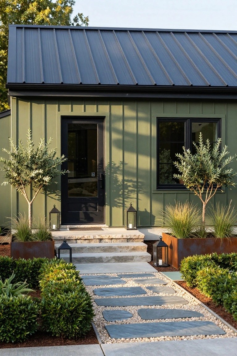 Small olive green board-and-batten shed-style house with black standing-seam metal roof, black front door and window frames, flanked by potted olive trees and ornamental grasses, stone steps leading to entry with lanterns, gravel path edged by boxwoods.