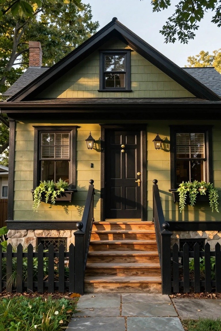 A small one-story house with olive green shingle siding and black trim, featuring a centered black front door flanked by lanterns, windows with flower boxes, wood entry steps with black railings, a black picket fence, and stone foundation.