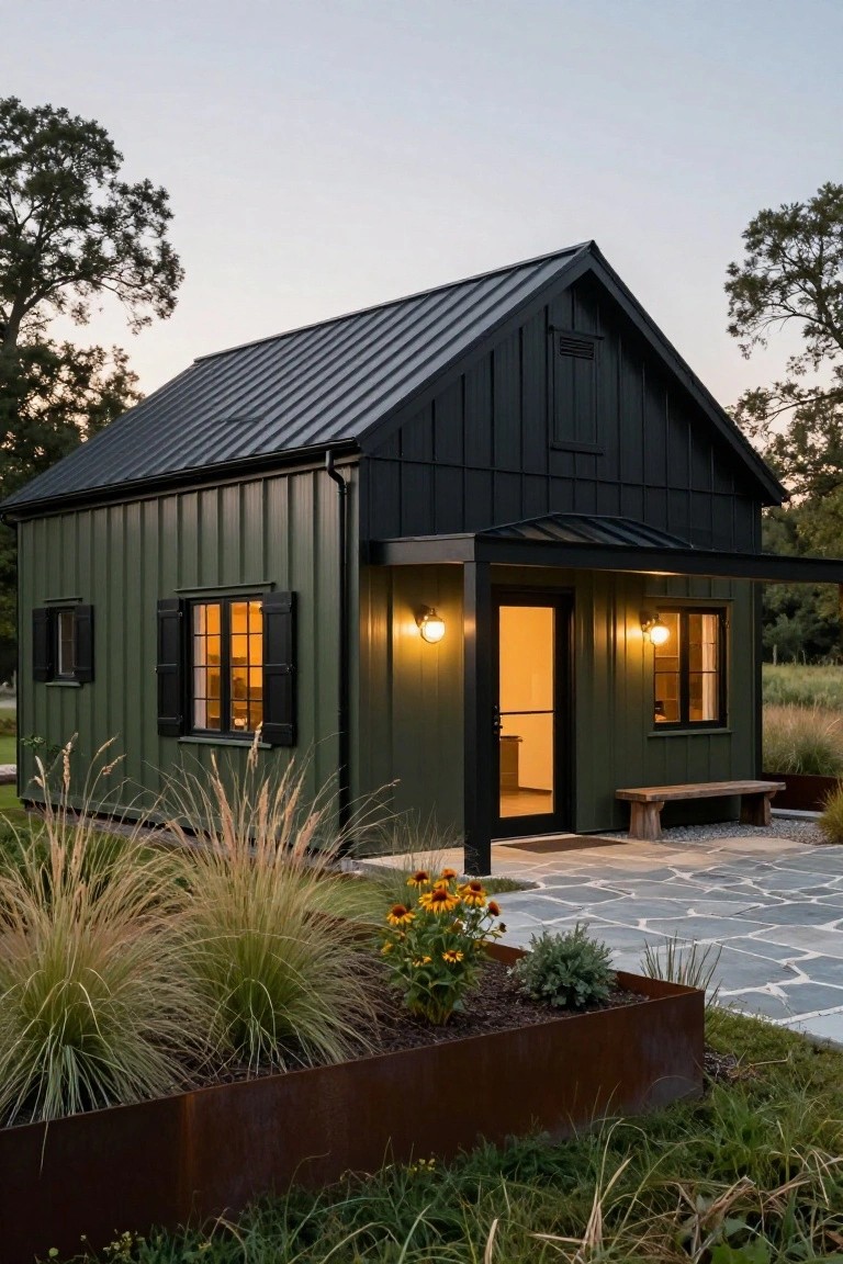 Small one-story cabin with olive green vertical siding, black metal roof and trim, covered front porch with lanterns and bench, surrounded by tall ornamental grasses and plants at dusk.