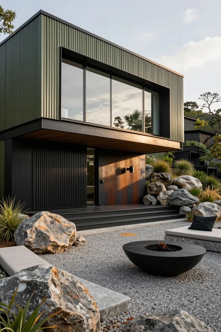 Modern boxy house with olive green corrugated metal siding, black vertical slats at entry with rusted metal door, large corner glass window, black steps to gravel yard with large boulders, grasses, black fire pit, and low bench seating.