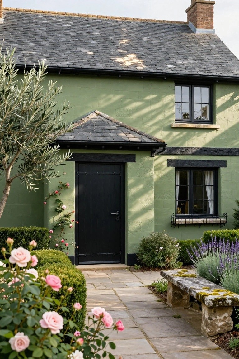 Olive green painted house exterior with black front door, black-framed windows, slate roof, olive tree, climbing roses, boxwood hedges, lavender, and stone bench beside a paved path.