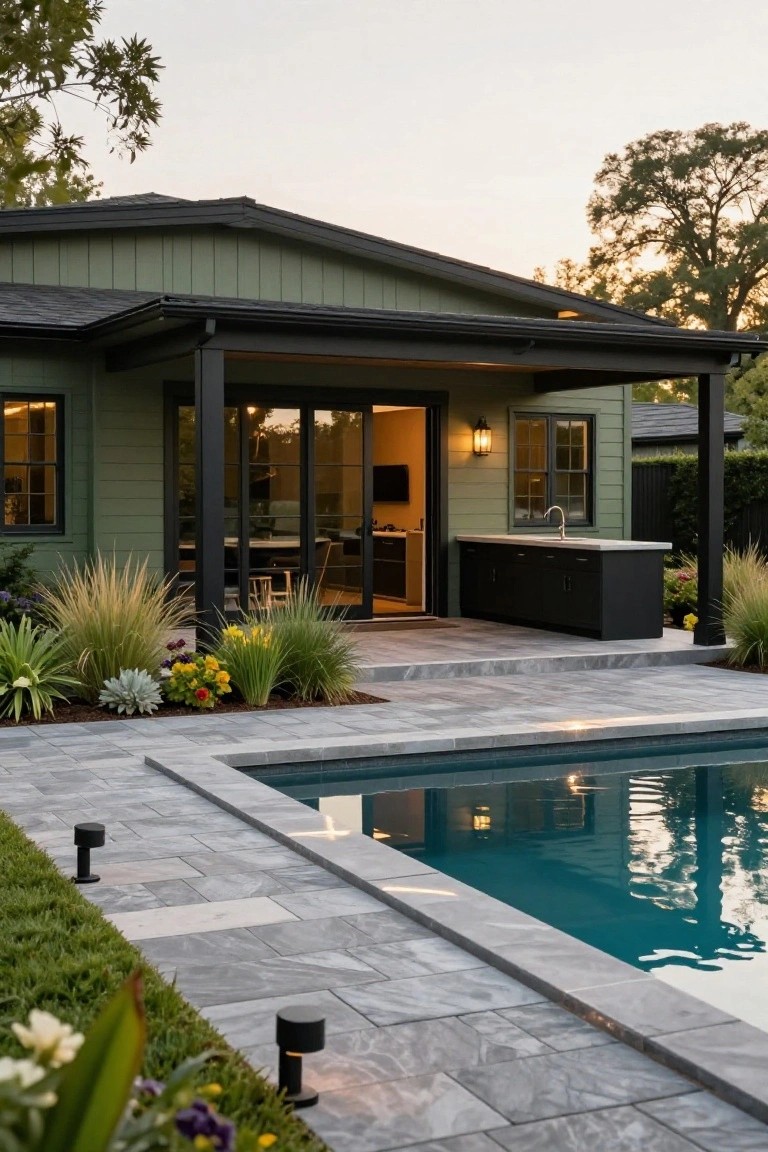 Back exterior of an olive green house with black roof, trim, and supports, showing open sliding doors to an outdoor kitchen and a nearby rectangular pool edged in gray tiles with surrounding landscaping.