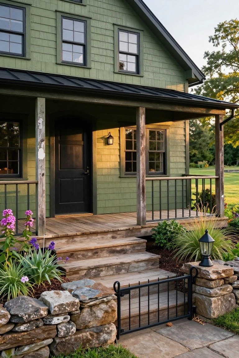 Front view of an olive green shingled house with black metal roof, wooden porch, black door, iron gate on stone wall, steps, and plants including flowers and grasses.