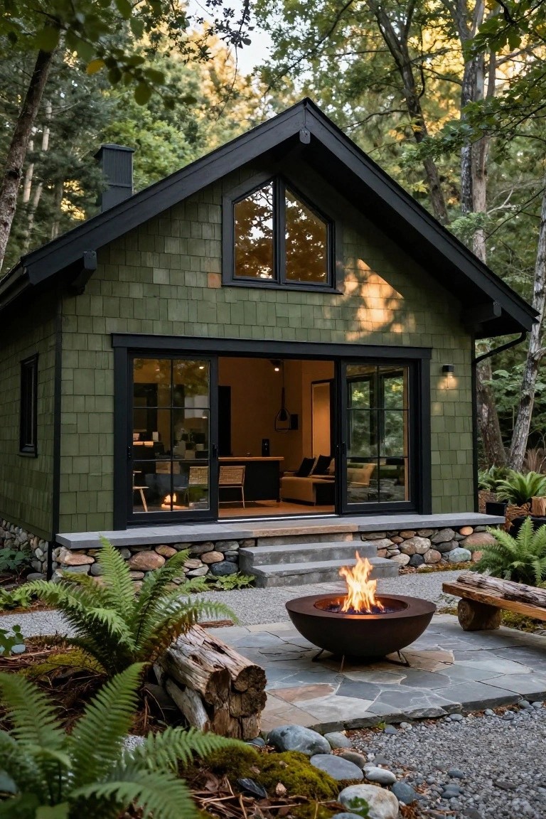 Small cabin with olive green shingle siding, black trim and roof, large sliding glass doors, stone foundation, and front patio with fire pit and bench amid forest surroundings.