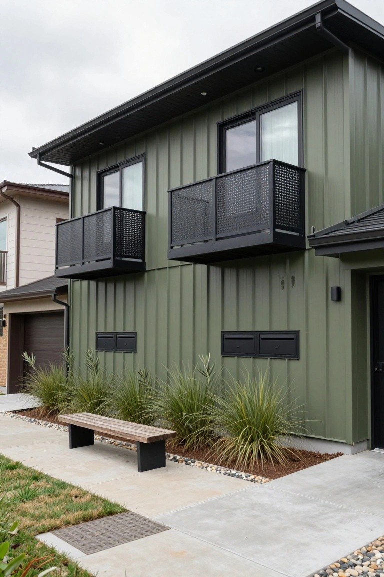 Side view of a two-story house featuring olive green vertical siding, black-framed sliding windows, protruding black metal balconies with perforated railings, black mail slots, a front door, and base landscaping with ornamental grasses, a wooden bench, and a concrete walkway.